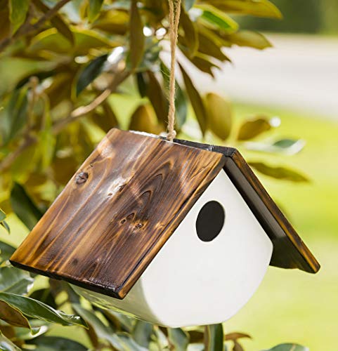 White Ceramic and Wooded Restful Hanging Birdhouse for Outdoor