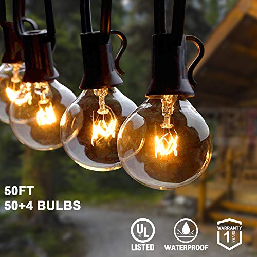AVANLO 50Ft G40 String Lights with 50 Globe Clear Bulbs & 4 Spare Bulbs Waterproof IP44 Patio Hanging Lights for Indoor & Outdoor Decor UL Listed Maximum 100 Bulbs Extend