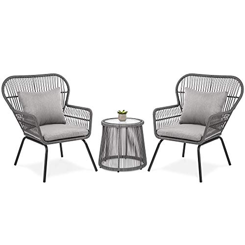 Best Choice Products 3-Piece Outdoor All-Weather Wicker Conversation Bistro Furniture Set with 2 Chairs and Glass Top Side Table, Gray