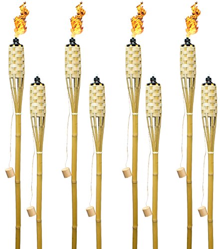 Matney Bamboo Torches – Includes Metal Oil Canisters with Covers to Extinguish Flame – Great for Outdoor Decorating, Luau, Parties, Extra Long 60 Inches (8 Pack)
