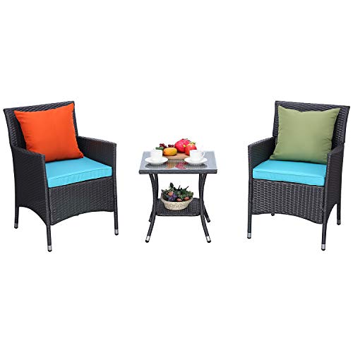 HTTH 3 Pieces Patio Porch Furniture Sets PE Rattan Wicker Chairs Washable Cushion with Tempered Glass Tabletop Outdoor Conversation Garden Backyard Furniture Sets (738-EXP-TRQ)