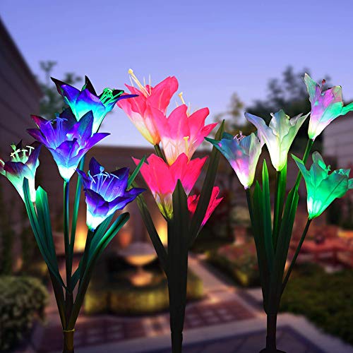 Weepong Flower Solar Lights Outdoor – 3 Pack Waterproof Lawn Solar Lights with 12 Lily Flowers, Color-Changing Solar Stakes Lights for Patio, Back Yard, Garden, Pathway, Walkway(White, Purple, Red)