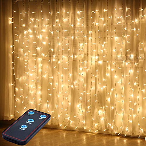 JMEXSUSS Remote Control 300 LED Window Curtain String Light for Wedding Party Home Garden Bedroom Outdoor Indoor Wall Decorations (Warm White)