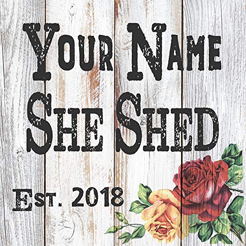 Chico Creek Signs Your Name Personalized She Shed with Roses Farmhouse Style White Wood Sign Wall Décor Gift B3-12120007001