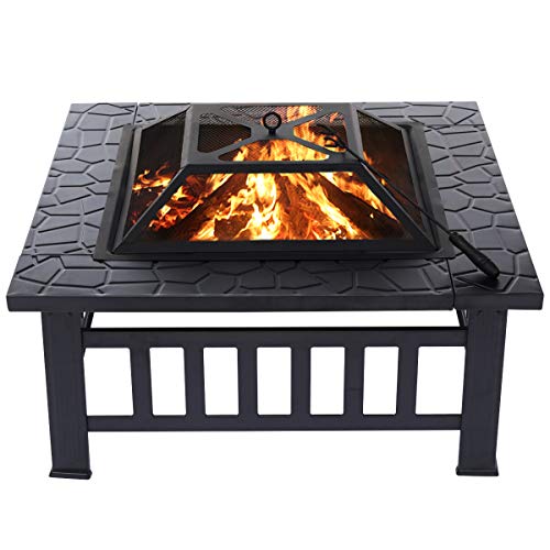 KingSo Outdoor Fire Pit Metal 32” Square Patio Stove Burning Firepit with Spark Screen for Camping Picnic Bonfire Backyard