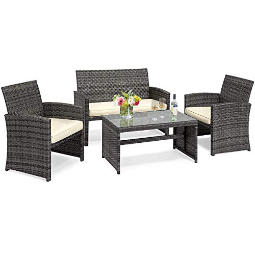 Goplus 4-Piece Rattan Patio Furniture Set Garden Lawn Pool Backyard Outdoor Sofa Wicker Conversation Set with Weather Resistant Cushions and Tempered Glass Tabletop (Mix Gray)