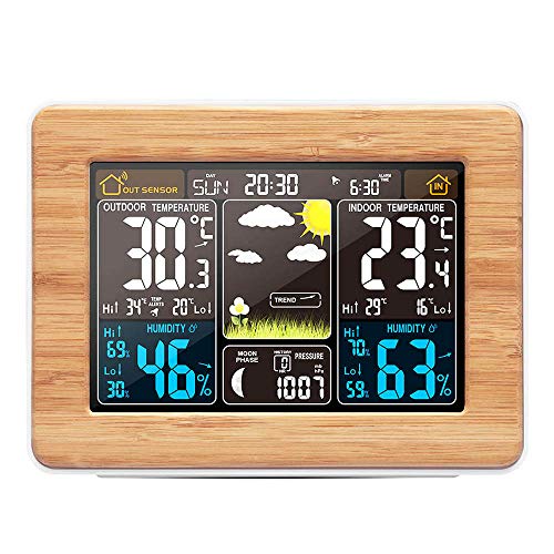 ALLOMN Wireless Weather Station Digital Colorful Weather Forecast Clock with Outdoor Sensor Indoor Outdoor Thermometer with Alert Time Date Temperature Humidity Barometer Alarm Moon Phase Display Clo