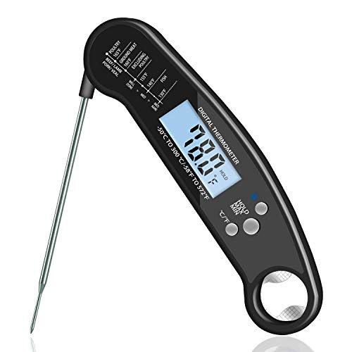 Instant Read Meat Thermometer, Digital Thermometer with Backlight & Calibration, Waterproof Ultra Fast Food Thermometer, Outdoor Cooking, BBQ, Grill, Candy (Black)