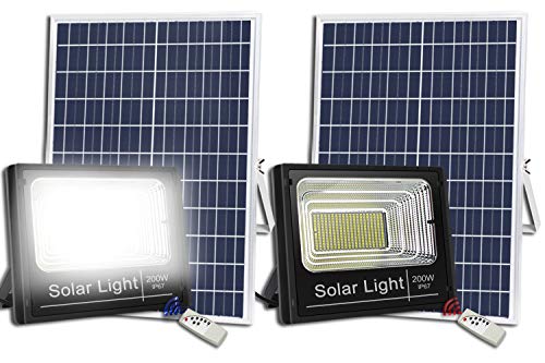 2PACK 200W Solar Flood Lights Outdoor,Street and Area Lighting,Dusk to Dawn 400LEDs IP67 Outdoor Waterproof,8000,Lumen Light Sensing,Remote Control Safety floodlight