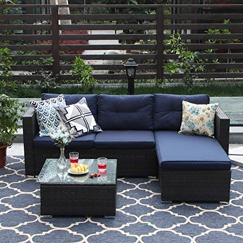 PHI VILLA 3-Piece Patio Furniture Set Rattan Sectional Sofa Wicker Furniture, Blue