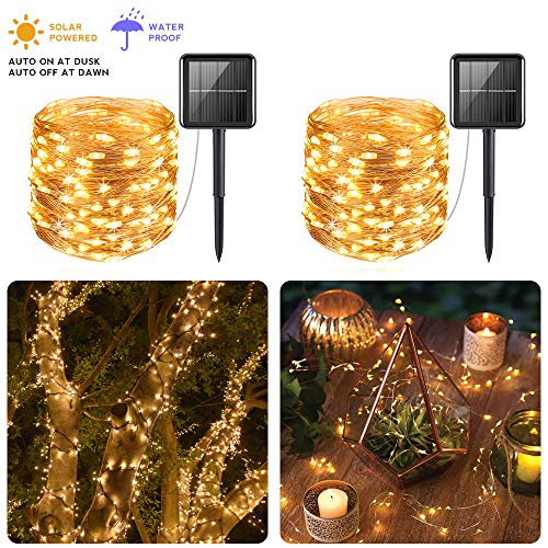 PCJHSP Solar Powered String Lights, 2 Pack 100 LED Solar Fairy Lights 33 feet Waterproof 8 Modes Copper Wire Lights for Indoor/Outdoor Gardens Homes Wedding Holiday Party (Warm White)