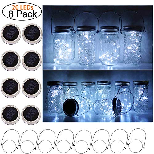 8 Pack Mason Jar Lights, 20 LED Solar Warm White Fairy String Lights Lids Insert for Garden Deck Patio Party Wedding Christmas Decorative Lighting Fit for Regular Mouth Jars (Cool White)