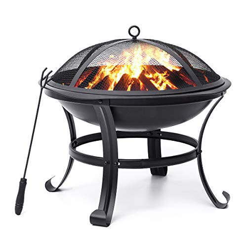 KingSo Outdoor Fire Pit 22” Patio Fire Steel BBQ Grill Fire Pit Bowl with Mesh Spark Screen Cover, Log Grate, Poker for Camping Picnic Bonfire Patio Backyard Garden Beaches Park