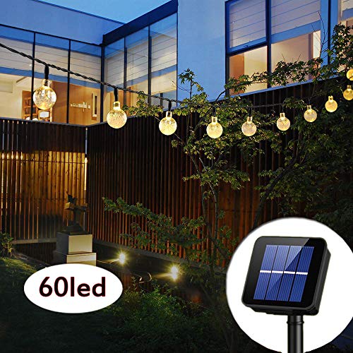 Solar String Lights Globe 33 Feet 60 Crystal Balls Waterproof LED Fairy Lights 8 Modes Outdoor Starry Lights Solar Powered String Light for Garden Yard Home Party Wedding Decoration (Warm White)