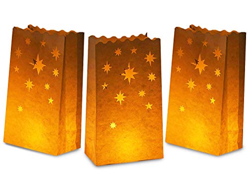 White Paper Luminary Bags – 24-Pack Candle Lantern Bags, Fire-Retardant, Star Luminaries for Christmas, Weddings, Birthday Party Decoration, Use with Tealights, Votive, 5.9 x 10 x 3.5 Inches