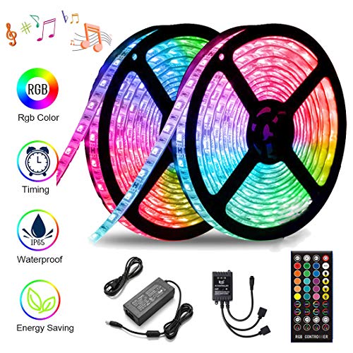 LED Strip Lights Music Sync Waterproof LED Light Strip with Timing Function,32.8ft Ultra Bright 5050 SMD RGB Color Changing Light Strip with 40 Keys IR Remote Controller and 12V Power Supply