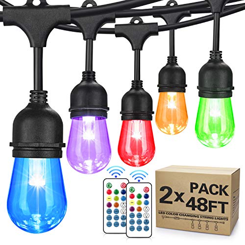 2-Pack 48FT Color Changing Outdoor String Lights, RGB Cafe LED String Lights with 32 S14 Shatterproof Edison Bulbs Dimmable, Commercial Lights String for Patio Backyard Garden, 3 Remote Control, 96FT