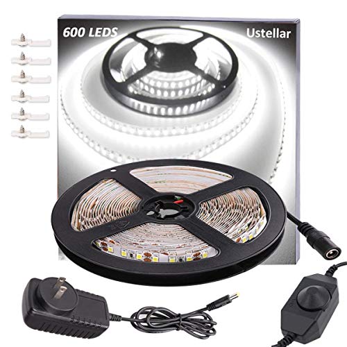 Ustellar Dimmable 600 LED Light Strip Kit with Power Supply, SMD 2835 LEDs, Super Bright 16.4ft/5m 12V LED Ribbon, Non-Waterproof, 6000K Daylight White Under Cabinet Lighting Strips, LED Tape