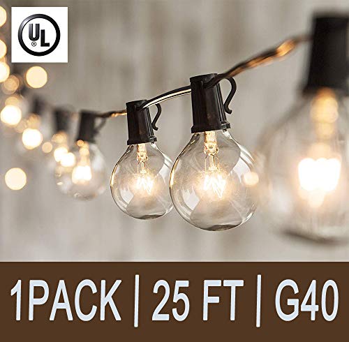 Afirst 25Ft Outdoor String Lights,G40 Patio String Lights with Clear Edison Bulbs,UL Listed Set of 25 Glass Edison String Lights Garden/Backyard Party/Wedding Indoor String Lights-Black Wire