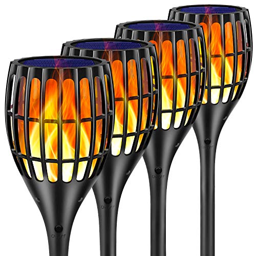 Ollivage Solar Lights Outdoor – Flickering Flames Torch Solar Path Light – Dancing Flame Lighting 96 LED Dusk to Dawn Flickering Tiki Torches Outdoor Waterproof Garden, 4 Pack