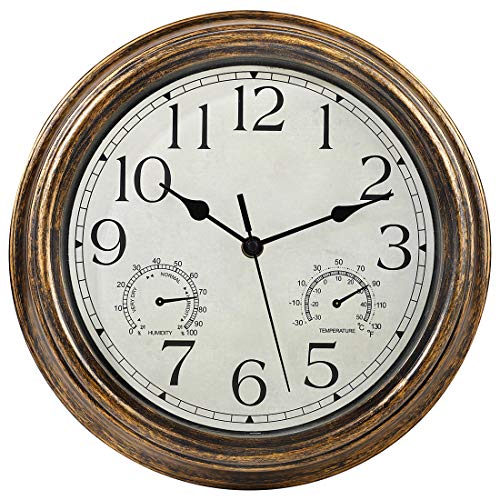 Yumt 12-Inch Indoor/Outdoor Waterproof Wall Clock with Thermometer and Hygrometer Combo,Vintage Silent Non-Ticking Battery Operated Clock Wall Decorative for Patio/Pool/Garden- Bronze