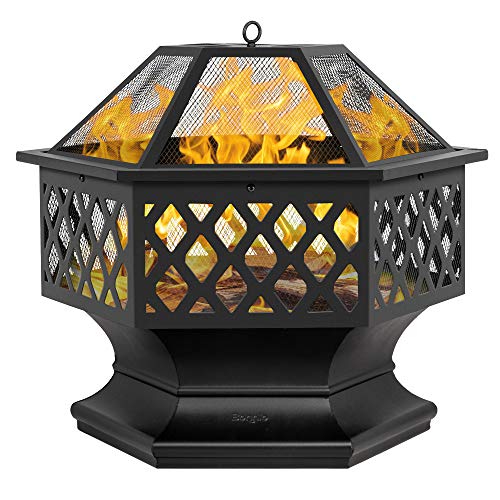 Bonnlo 24-Inch Outdoor Fire Pit with Mesh Screen and Poker Hex Shaped Metal Wood Burning Bonfire Pit for Outdoor Camping Patio Backyard Garden – 8″Deep Bowl