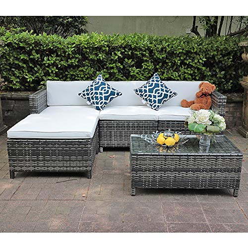 Patiorama 5 Piece Outdoor Furniture, Grey Wicker Patio Sectional Furniture with White Cushion, Plus 2 Pillows (White)