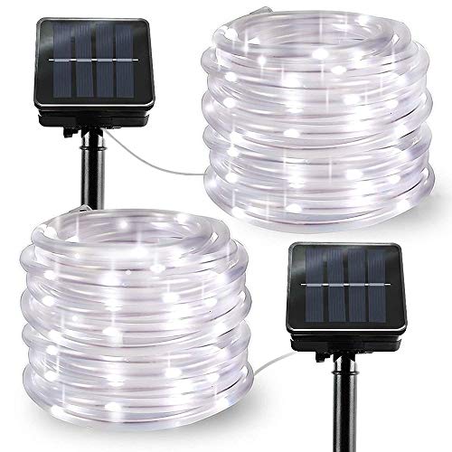 Solar String Lights Outdoor Rope Lights, 2 Pack 8 Modes 100 LED Solar Powered Outdoor Waterproof Tube Light Copper Wire Fairy Lights for Garden Fence Patio Yard Summer Party Wedding Decor (Cool White)