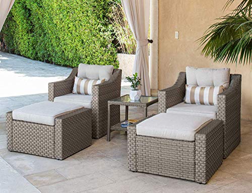 SOLAURA Patio Sofa Sets 5-Piece Outdoor Furniture Set Gray Wicker Lounge Chair & Ottoman with Neutral Beige Olefin Fiber Cushions & Glass Coffee Side Table