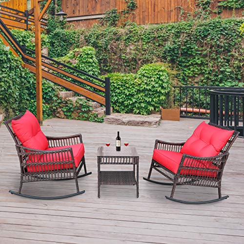 VEIKOU 3 Piece Outdoor Patio Rattan Rocker Chair Outdoor Rattan Conversation Sets with Coffee Table Garden Rattan Wicker Yard Seats Set with Red Cushion
