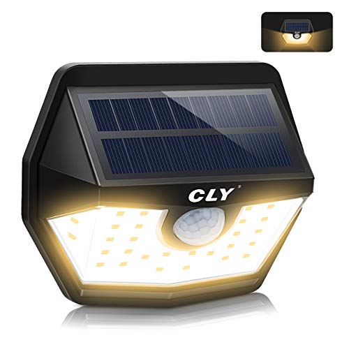 CLY Solar Lights Outdoor, 30 LED Solar Motion Sensor Lights with 200° Wide Angle Lighting, 450LM Auto ON/Off IP65 Waterproof Security Warm White Lights for Yard, Garage, Pathway, Porch (1 Pack)