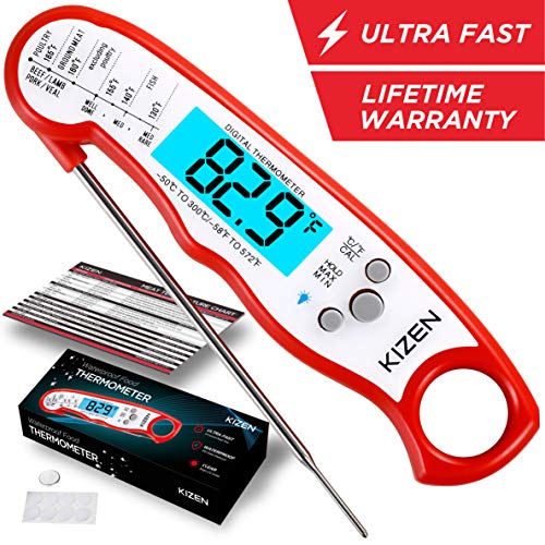 Kizen Instant Read Meat Thermometer – Best Waterproof Ultra Fast Thermometer with Backlight & Calibration. Kizen Digital Food Thermometer for Kitchen, Outdoor Cooking, BBQ, and Grill!