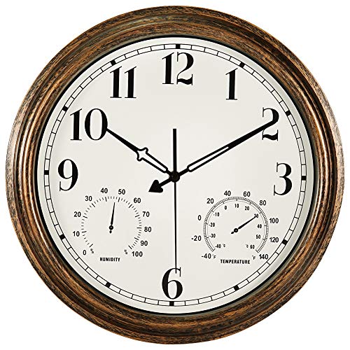 16 Inch Large Outdoor Wall Clock,Waterproof Vintage Silent Non-Ticking Clock with Thermometer and Hygrometer Combo,Battery Operated Clock Wall Decorative for Patio/Pool/Garden- Bronze