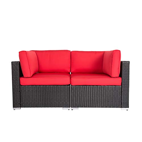 Kinbor Patio PE Wicker Couch, 2-Seat Outdoor Black Rattan Loveseat Sofa Furniture with Red Cushion