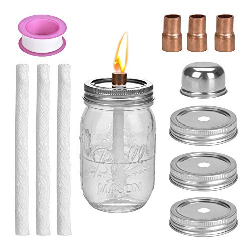 LinkBro Mason Jar Tiki Torch Kits,Includes 3 Long Life Torch Wicks,3 Mason jar Lids,3 x Copper Coupling Reducer,Teflon and Cap,Just add Mason Jars & Fuel for Outdoor Lighting