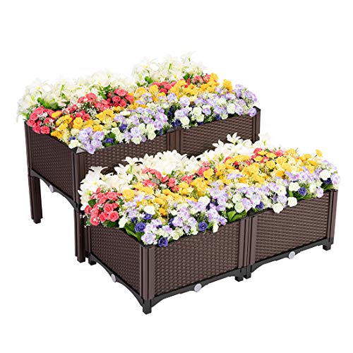 VIVOHOME Elevated Plastic Raised Garden Bed Planter Kit for Flower Vegetable Grow Brown Set of 4