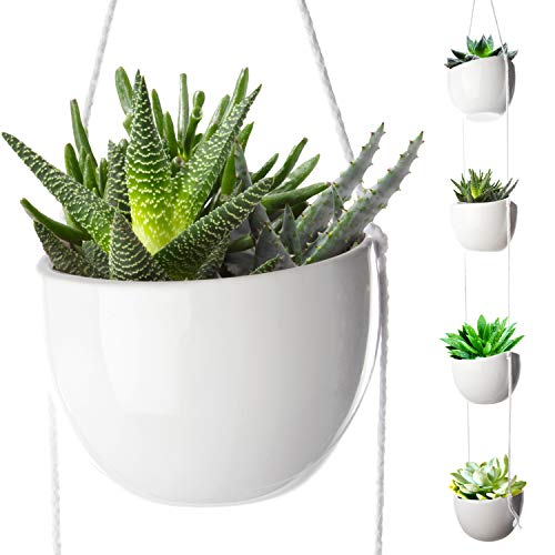 4-Tier Hanging Plant Holder, White Ceramic Planters for Wall & Ceiling, Decorative Planter Pots Outdoor & Indoor Use, Succulent Wall Planters, 40-inch Hanging Plant Pots, White Bowl Pots for Plants