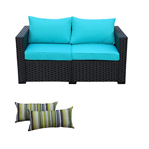 Patio Wicker Furniture Outdoor Garden Love Seat Chair Couch Sofa Black with Turquoise Cushion
