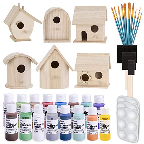 Birdhouse Craft Bundle – 6 Unfinished Wood Birdhouses (5-7 Inches), 16x 2-Ounce Acrylic Paints, Pixiss Nylon 10 Round and Pointed Brush Set, 3X Palettes