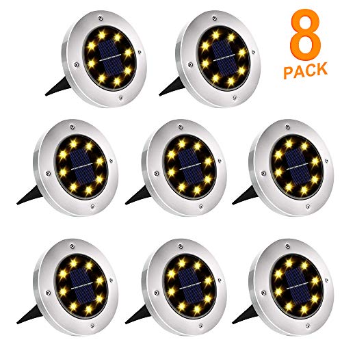 Solar Ground Lights, 8 LED Solar Disk Lights Outdoor Waterproof for Garden Yard Patio Pathway Lawn Driveway Walkway- Warm White (8 Pack) HaoXuan