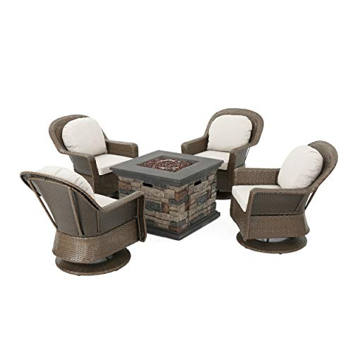 Great Deal Furniture Alameda Outdoor 5 Piece Brown Wicker Swivel Club Chairs and Ceramic Grey Water Resistant Cushions with Gas Burning Brown Stone Finished Fire Pit