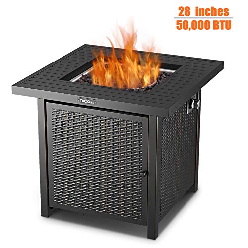 TACKLIFE Propane Fire Pit Table, 28 inch 50,000 BTU Auto-Ignition Outdoor Gas Fire Pit Table with Cover, CSA Certification Approval and Strong Striped Steel Tabletop (Square Black)
