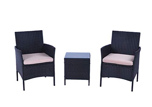 UNITED FLAME 3PCS PATIO CHAIRS INDOOR AND OUTDOOR BALCONY BACKYARD LAWN GARDEN PORCH FURUNITURE SET WITH CUSHIONS AND GLASS TABLE ALL WEATHER RATTAN CAFÉ SET WICKER CHAIR