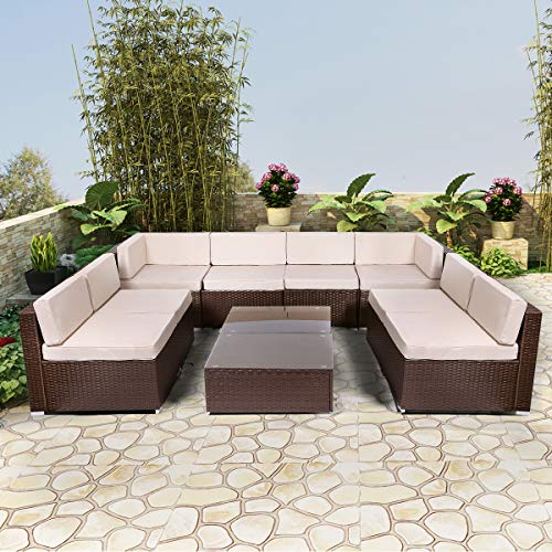 U-MAX Patio PE Rattan Wicker Sofa Set Outdoor Sectional Furniture Chair Set with Cushions and Tea Table (10 Pieces, Brown)
