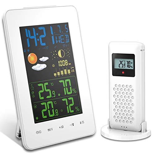 Oritronic Digital Weather Station Wireless Indoor Outdoor Thermometer with Sensor, Large LCD Vertical Screen, Weather Forecast, Alarm Clock, Temperature Humidity Monitor Gauge Room Hygrometer, White
