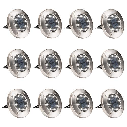 GIGALUMI 12 Pack Solar Ground Lights, 8 LED Solar Powered Disk Lights Outdoor Waterproof Garden Landscape Lighting for Yard Deck Lawn Patio Pathway Walkway (White)