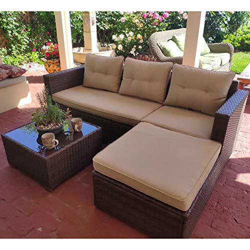 SUNSITT Outdoor Sectional Sofa 4 Piece Furniture Set All Weather Brown Wicker with Beige Seat Cushions, Ottoman & Glass Coffee Table | Patio, Backyard, Pool | Steel Frame