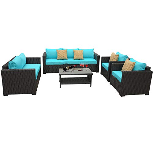 5-Piece Patio PE Wicker Furniture Set- Outdoor Conversation Cushioned Seat Couch Chair Sofa PE Rattan Set-Turquoise Cushion