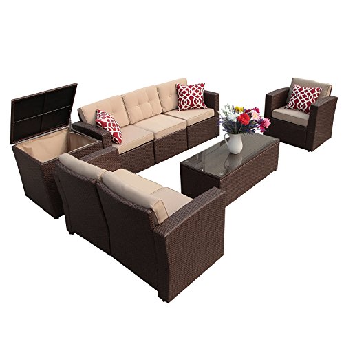 Super Patio Patio Furniture Set, 8 Piece Outdoor Wicker Sectional Sofa Outdoor Furniture with Storage Table, Beige Cushions, Three Red Pillows, Brown Wicker