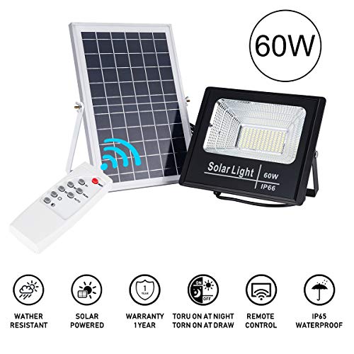 60W Solar Powered Flood Light, 132 LED 6000 LM Outdoor IP65 Waterproof with Remote Control, Solar Flood Lights Outdoor Auto On/Off Solar Security Light for Yard Garage House Porch Pool